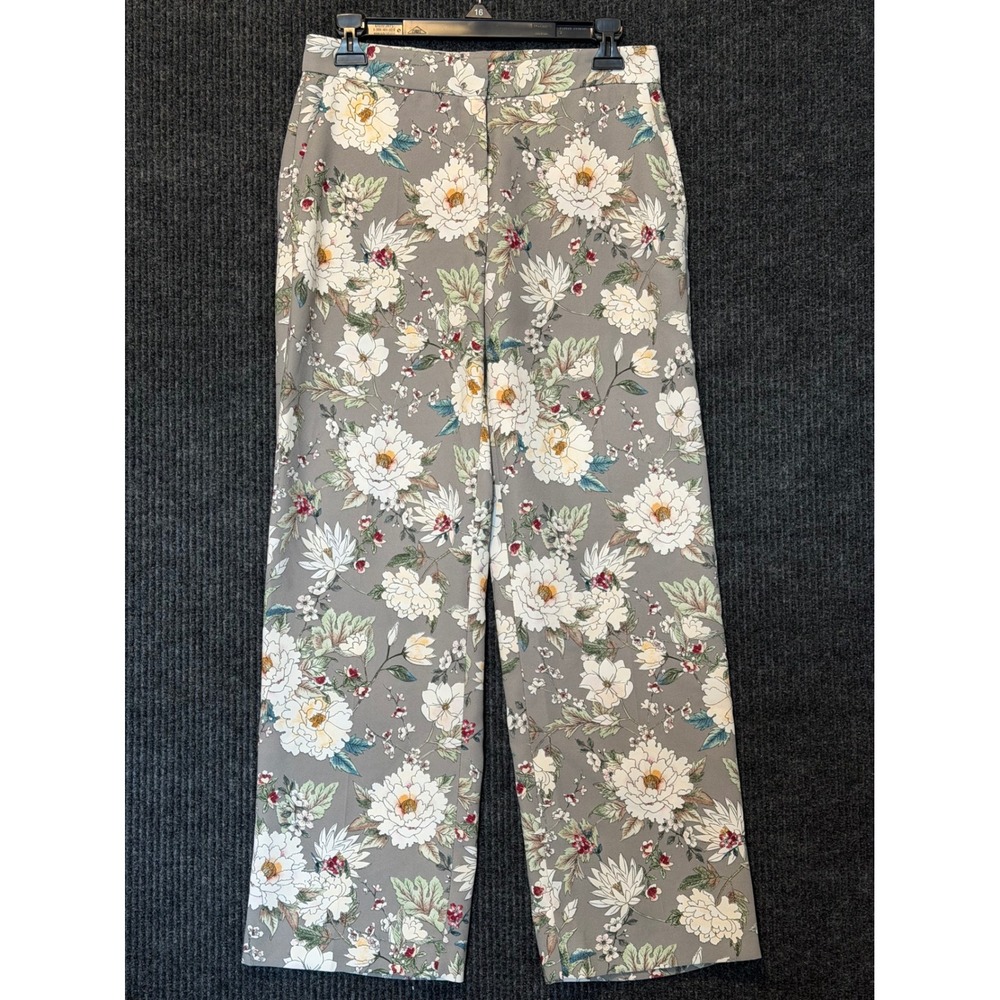 Zara Womens Small Grey Floral Wide Leg High Rise Trousers Pants Career Botanical